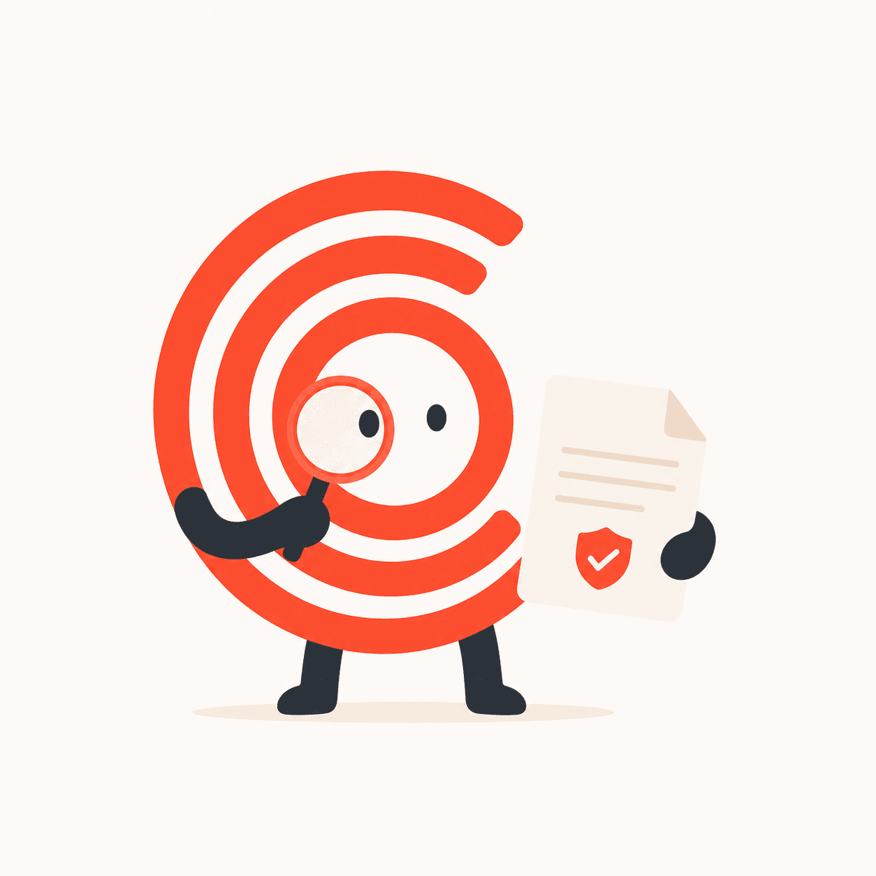 Mascotte Signal OKTRA tenant une loupe et un document verifie